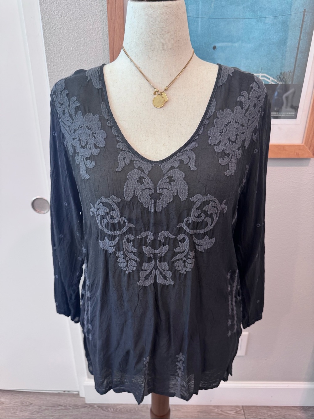 Johnny Was Rayon V Neck Women's Black and Grey Embroidered V-Neck Tunic Top